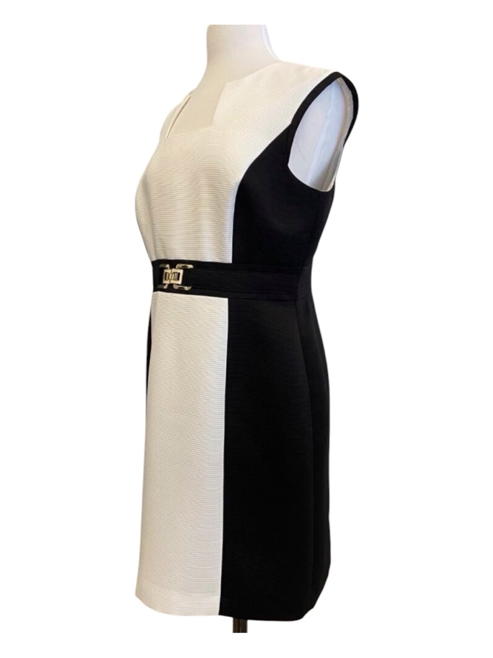 Tahari-Levine Studio Petite Black & White block Sleeveless Dress With Belt Waist